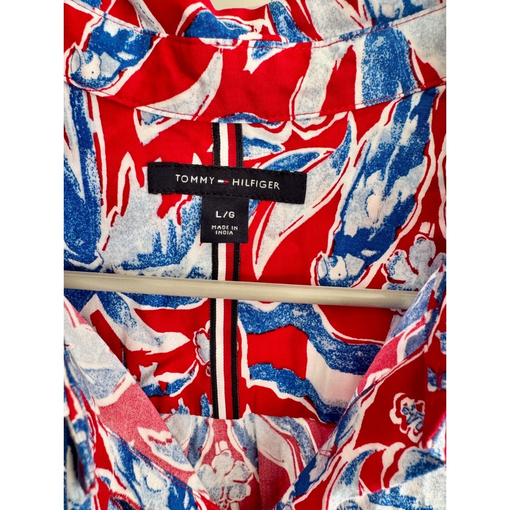 Tommy Hilfiger Womens Red Blue‎ Tropical Floral Fleur Button Up Blouse Large - Picture 4 of 8